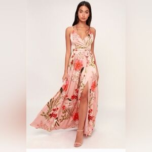 Lulus Still the‎ One Blush Pink Floral Print Satin Maxi Dress Size Medium